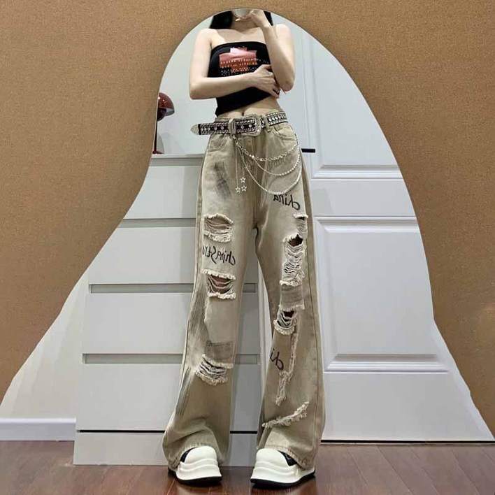 AOKADA 여성 찢어진 청바지 그래피티 레터링 프린팅 오버핏 데님 팬츠