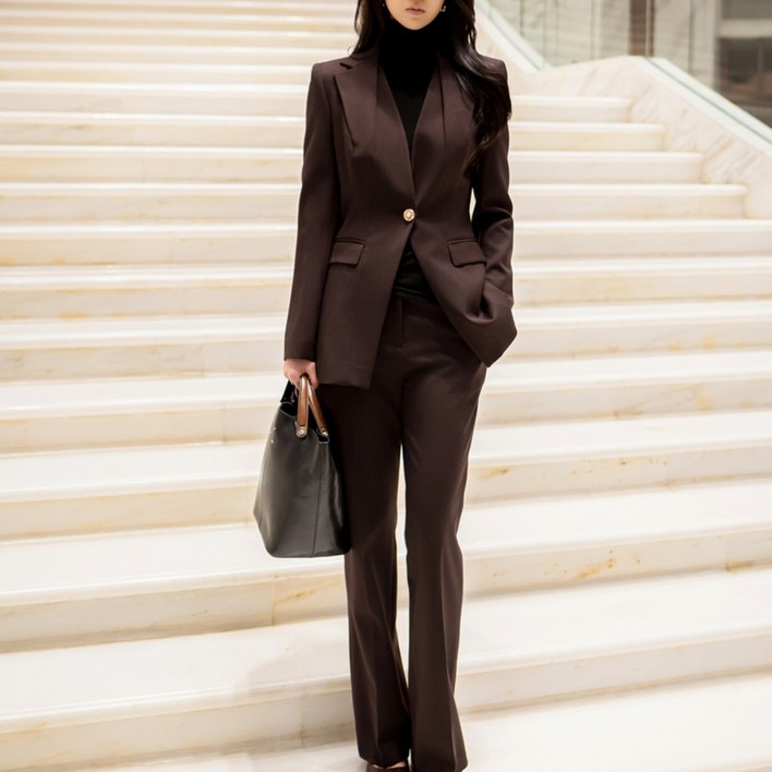 30·40대 여성 초코브라운 정장 슬림핏 자켓 팬츠 세트 오피스룩 하객룩