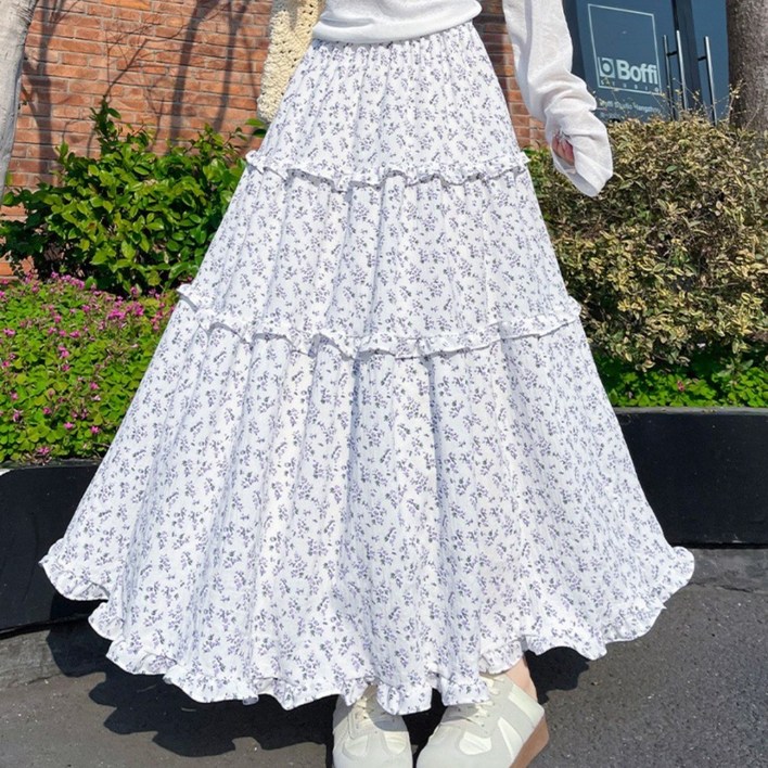 MHJINA 여성 플로럴 티어드 플라워 캉캉 밴딩 플레어 롱 스커트 빅사이즈