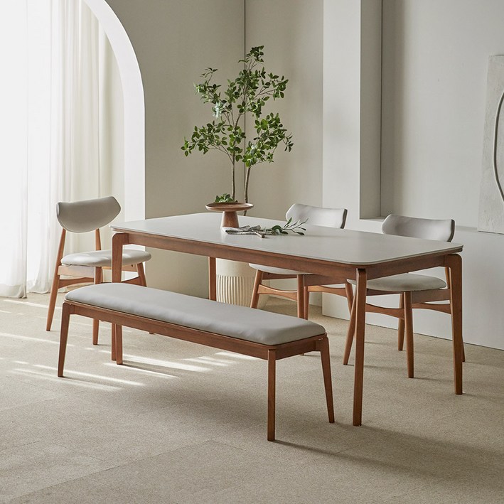파로마 리샤르 세라믹 원목식탁 1800 6인용 + B리샤르 의자 3p + 벤치 세트 방문설치, 베이지상판+월넛원목, 일반 3 + 벤치 1