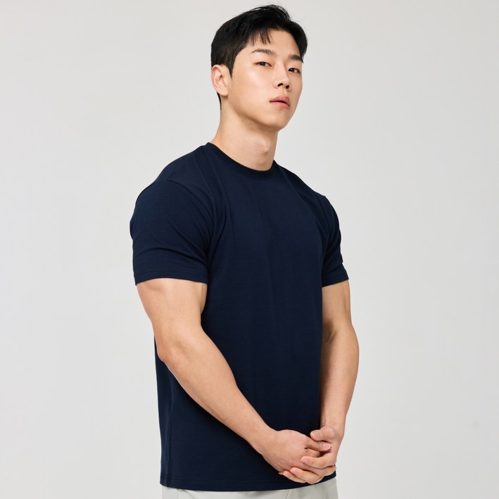 허그본 남성용 데일리 머슬핏 무지라인 반팔 티셔츠