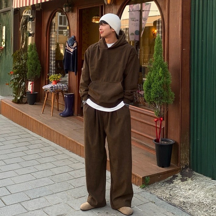 [기모] 남자 남성 루즈 오버핏 코듀로이 골덴 후드티 와이드 팬츠 겨울 셋업 세트