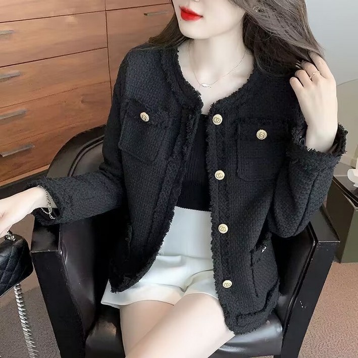 여성 가을 아우터 캐주얼 루즈핏 노카라 싱글 골드 버튼 트위드 자켓 여자 숏자켓 코트 여성 가을 아우터 캐주얼 루즈핏 노카라 싱글 골드 버튼 트위드 자켓 여자 숏자켓 코트
