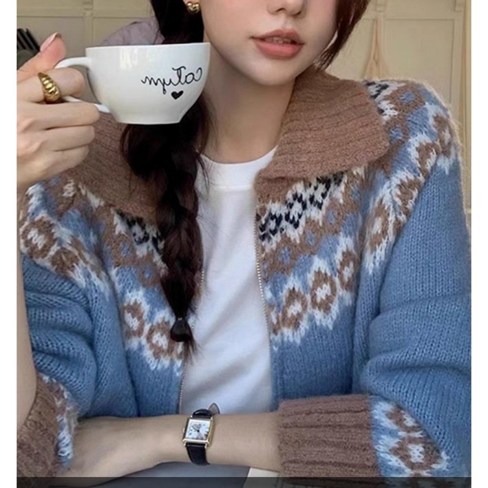 [바인브랜치] 여성용 가을겨울 노르딕 베이직 카라 심플 집업 니트 부르종가디건