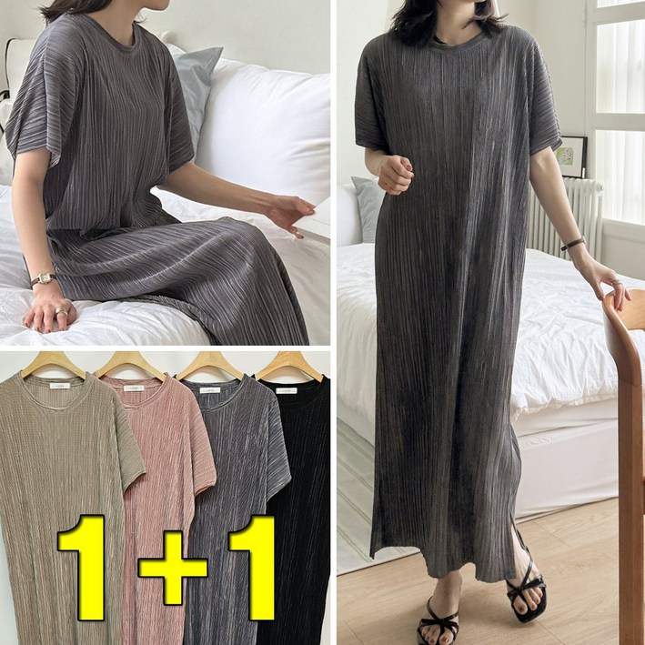 러브포텐 여성 빅사이즈 플리츠 옆트임 롱원피스 1+1 국내제작 4Color 루즈핏 여름 반팔 시원한 주름 롱 원피스 2장set