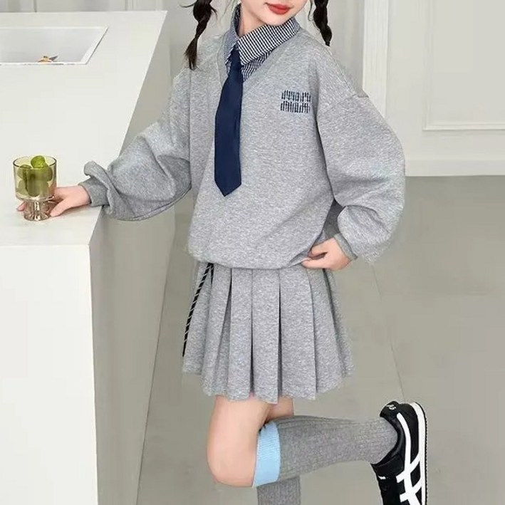 델루비오 여아 주니어 페이크 레이어드 맨투맨 플리츠 스커트 아동 스쿨룩 투피스