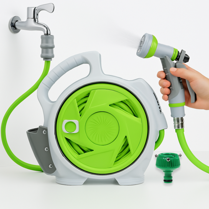 가드닝 릴호스 15m 분사기 경량 물호스 수도연결 정원 베란다 청소용품, 그린, 1개