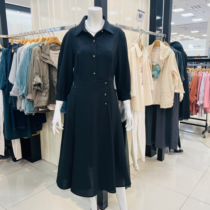 요하넥스  셔츠카라 칠부소매 개더 원피스블랙