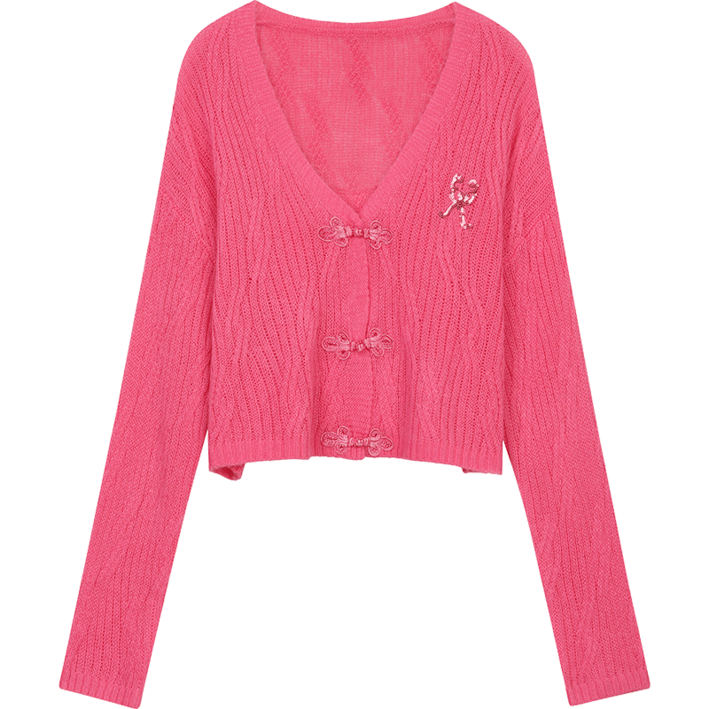 ELFSACK 달콤 쿨 V넥 리본 장식 크롭 가디건 여성용 봄 캐주얼 니트