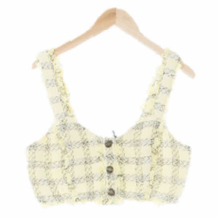 5989 자라 레몬베이지 체크 면혼방 트위드뷔스티에탑 S