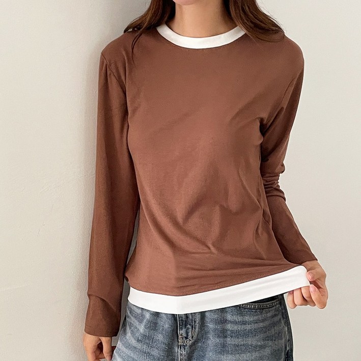 퓨어데일리 여성 라운드 긴팔티 긴팔 티셔츠