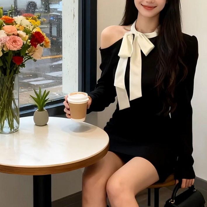 슬림소녀 여성 봄가을 라운드넥 리본 슬림 캐주얼 심플핏 긴팔 원피스 짧은 데일리 빅사이즈 오프숄더 스커트 40-100KG