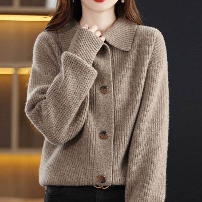 PEROLA 여성 니트 카디건 겨울 카라넥 단색 상의 패션 도톰 보온 니트 카디건