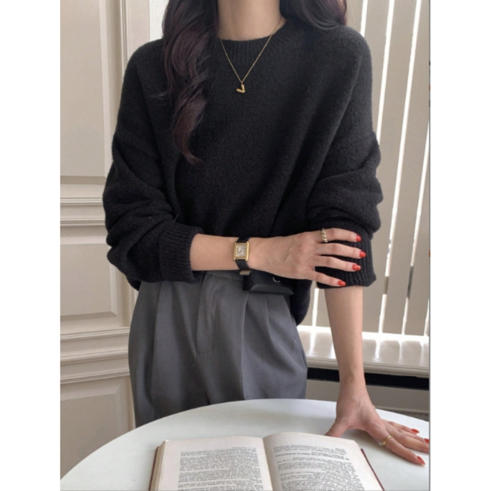 POMTOR 여성용 가을겨울 신상 라운드넥 니트 루즈핏 꾸안꾸 무지 데일리 상의