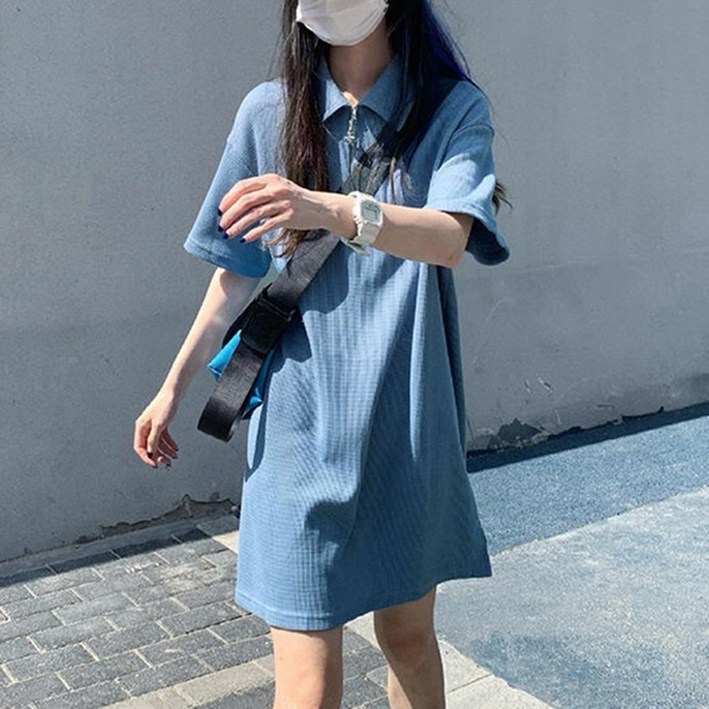 지디오 여성 반팔 카라 원피스 반집업 와플 A라인 미니 드레스