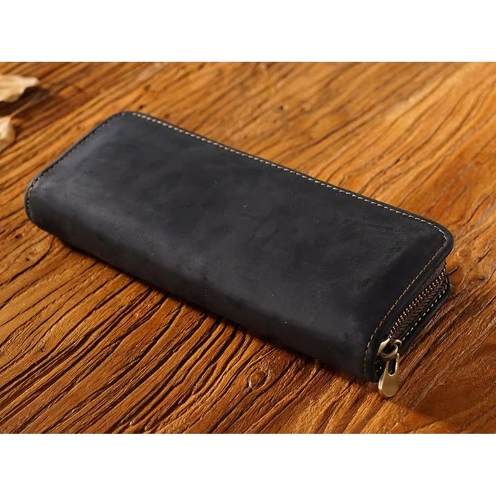 천연 소가죽 지퍼 필통 파우치 대용량 케이스 연필 수납 빈티지 고급필통, 1개, 브라운