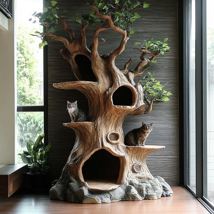 고양이 원목 캣타워 대형 선반캣타워 반려묘 인테리어용 고양이집 등반 놀이기구 숨숨집캣타워 자연스러운 나무 디자인 고양이용품 고양이스크래쳐 포함, 1개, 고양이 나무집 R형 높이 3.0미터