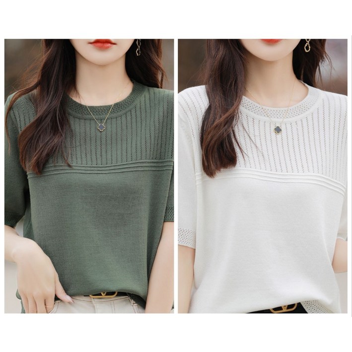 레노이 1+1 여성 아이스 실크 반팔 라운드 넥 얇은 여름 티셔츠 니트