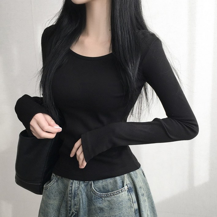 손등덮는 여리핏 코튼 유넥 기본무지 긴팔티셔츠  3color