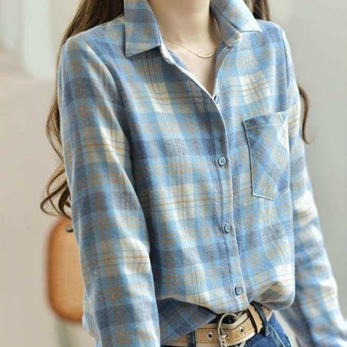 ROYALBELLE  여성 체크 카라넥 긴팔 루즈핏 기모 포켓 데일리 캐주얼 셔츠 U01101013
