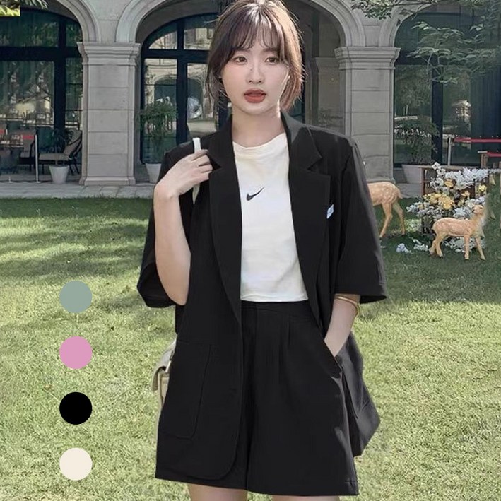 Titikong 여성 정장 상하복 빅사이즈 여름 반팔 자켓 반바지 투피스 루즈핏 세트