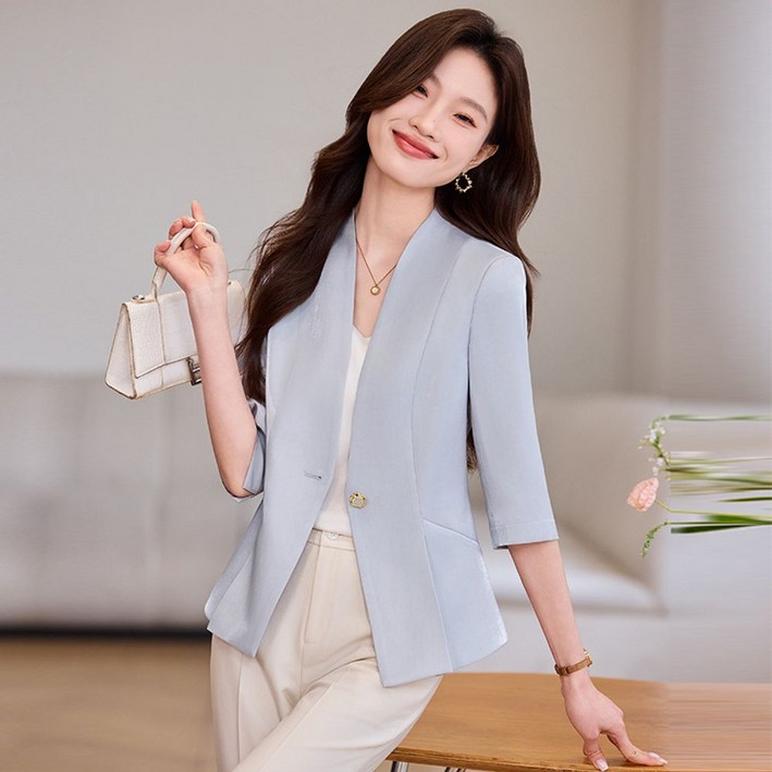 여성자켓 여름 연청 노카라 럭셔리 오피스 얇은 모던 하객룩 빈티지 클래식 정장재킷 아우터