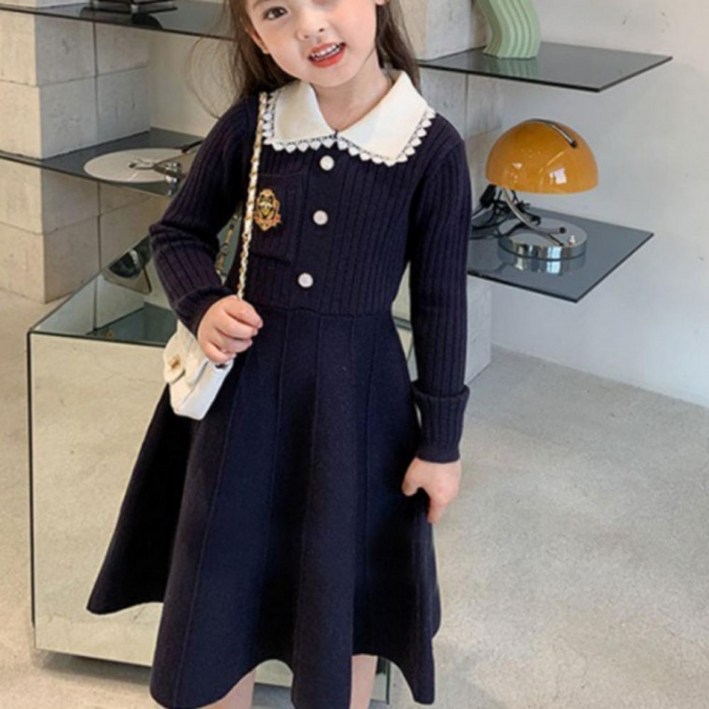 여아 아동 봄 니트 카라 긴팔 네이비 원피스