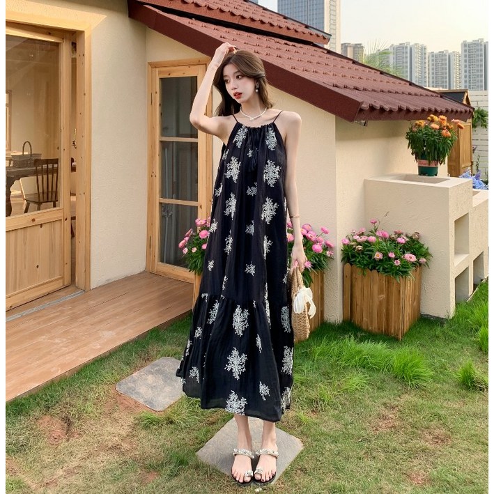 엔에스레이블  여름 자수 나시 오버롤 롱 원피스 휴양지 룩 NSLEVEL