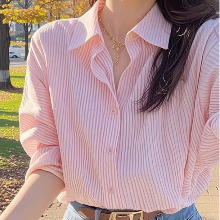COSYEVNO 중년 엄마 셔츠 가을 스트라이프 스타일리쉬하고 심플한 루즈핏 캐주얼한 긴팔 상의 CXJcs-19