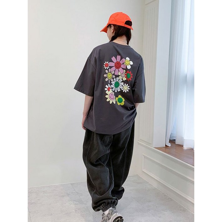 민트위니 여성용 스마일플라워 라운드 티셔츠 오버사이즈 면 반팔 이너 여름신상