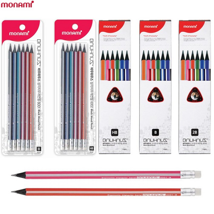 [모나미] 바우하우스 삼각지우개연필 HB B 2B 6본입 12본입