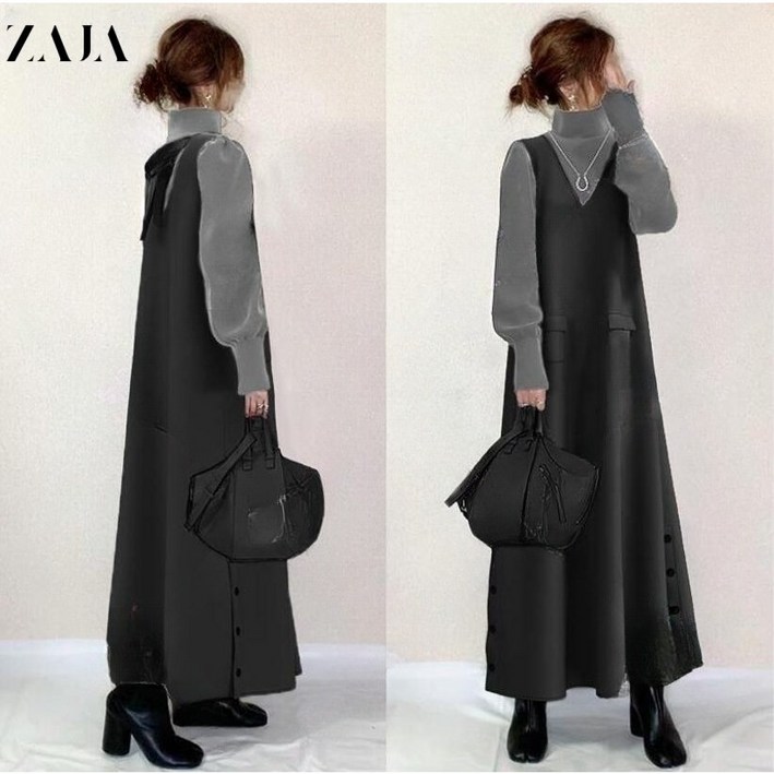 ZAJA 여성 겨울 원피스  긴팔 브이넥 배색 루즈핏 롱원피스