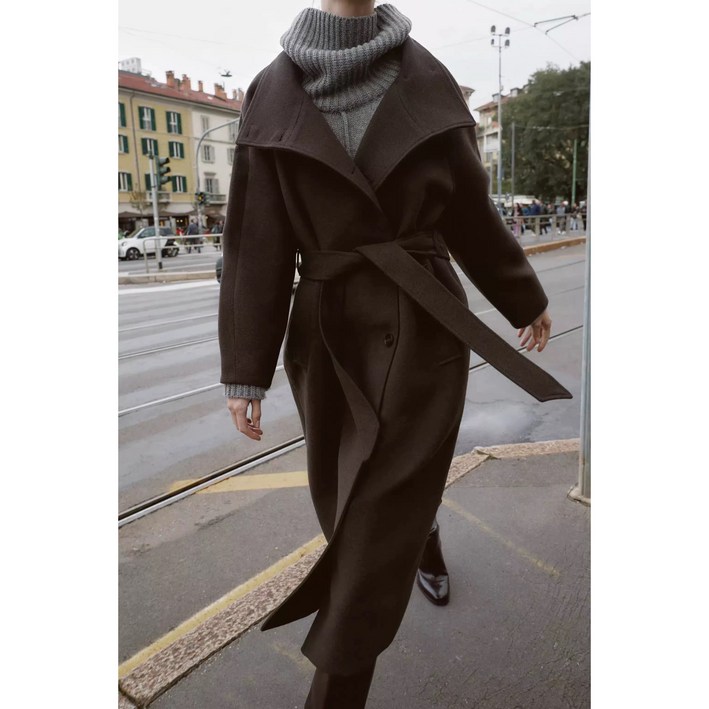 ZARA 여성 다크브라운 하이넥 벨트 울코트