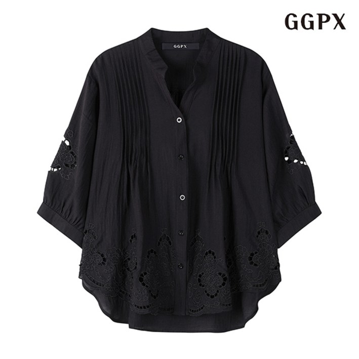 GGPX 플라워 펀칭 트임넥 루즈핏 핀턱 블라우스 (GOBBA015D)