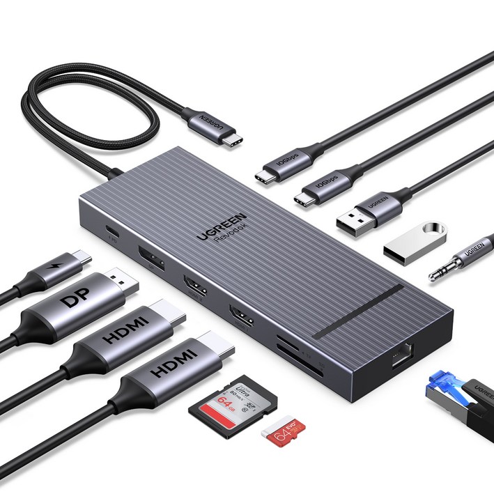 UGREEN 유그린 Revodok 12 in 1 USB 허브 트리플 4K C타입허브 2HDMI DP USB3.2 USB허브10Gbps SD/TF RJ45 PD100W USB멀티탭, 1개, Grey