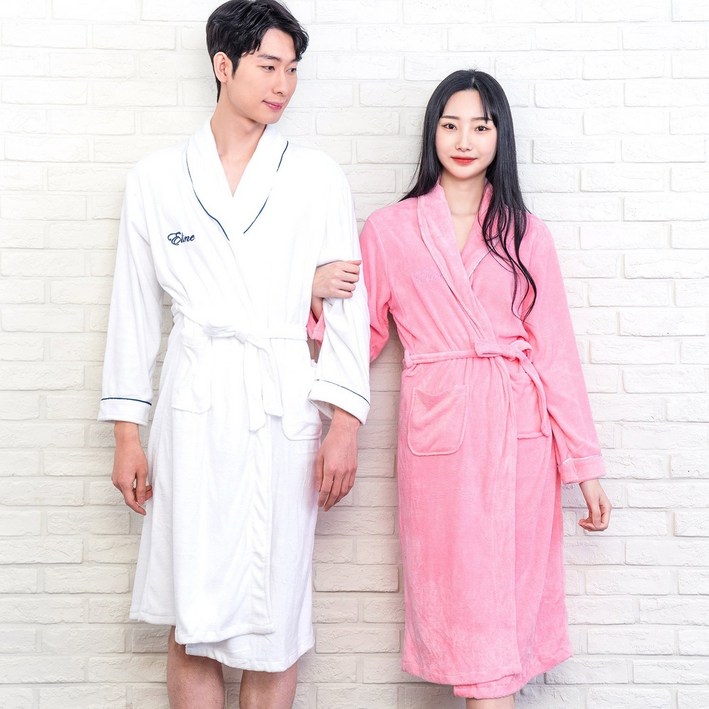 (1+1) 2장 묶음 이라인 퓨어 샤워가운 목욕가운 호텔가운, 1개, 남성화이트+여성핑크