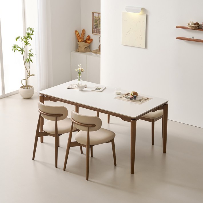 폴인퍼니 시에나 포세린 세라믹 식탁 1400  의자 2p  벤치 세트 4인용 방문설치, 월넛프레임, 화이트상판, 베이지의자, 벤치, 일반 2  벤치 1
