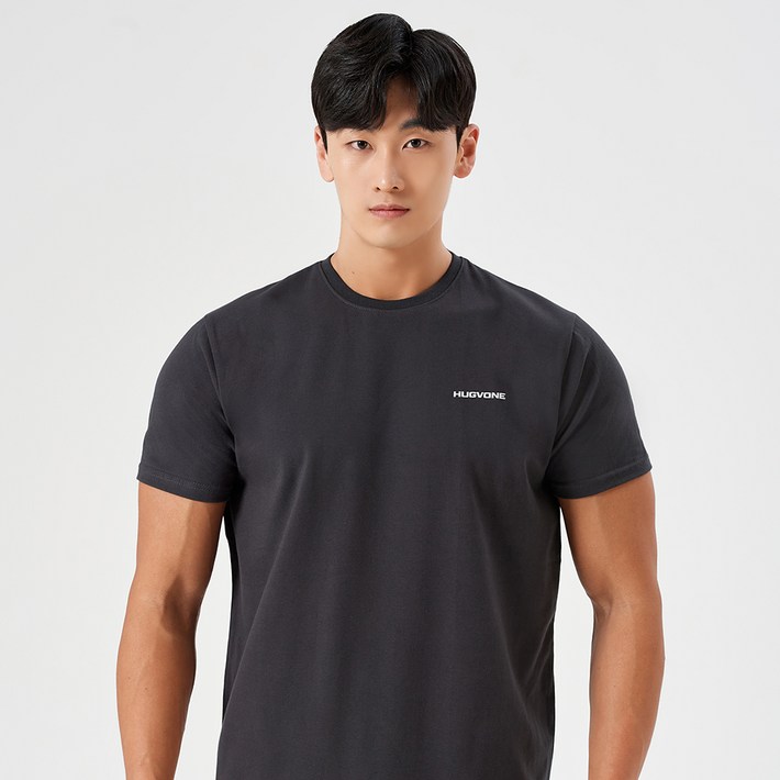 허그본 남성용 데일리 머슬핏 스몰로고 반팔 티셔츠 무지라인