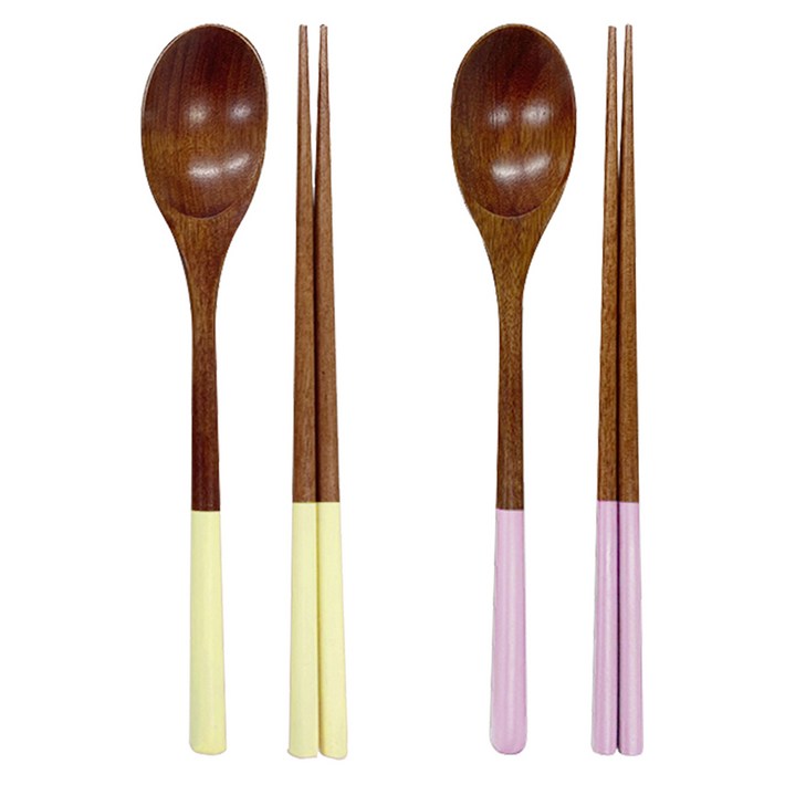 키볼리 한식 파스텔 옻칠 나무 수저 2인세트, 라벤더  옐로우, 숟가락 2종  젓가락 2종, 1세트