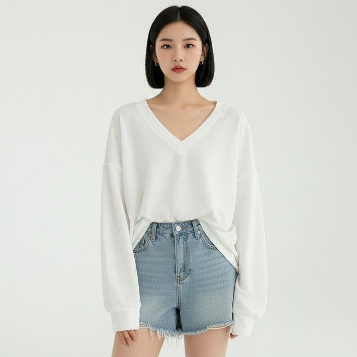 마켓피아 여성용 브이넥 루즈핏 긴팔 맨투맨