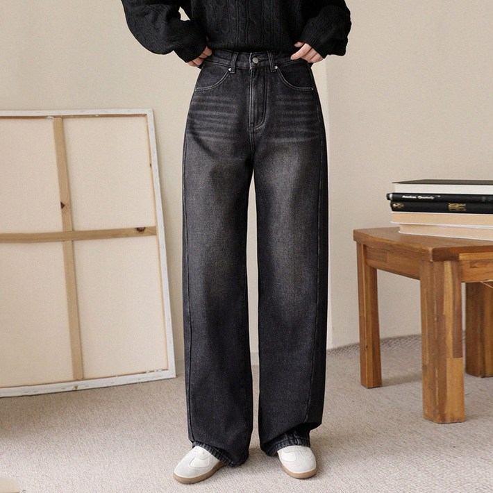 앤드스타일 여성용 롱숏 기장 5탄 본딩 절개 와이드 따뜻한 융기모 히터 청바지 265002