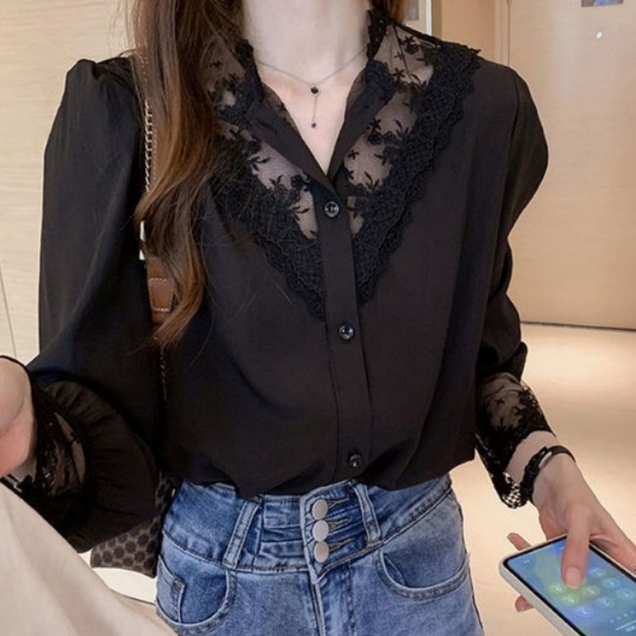 아이엠몽 여성용 세소르 쉬폰 레이스 플라워 블라우스