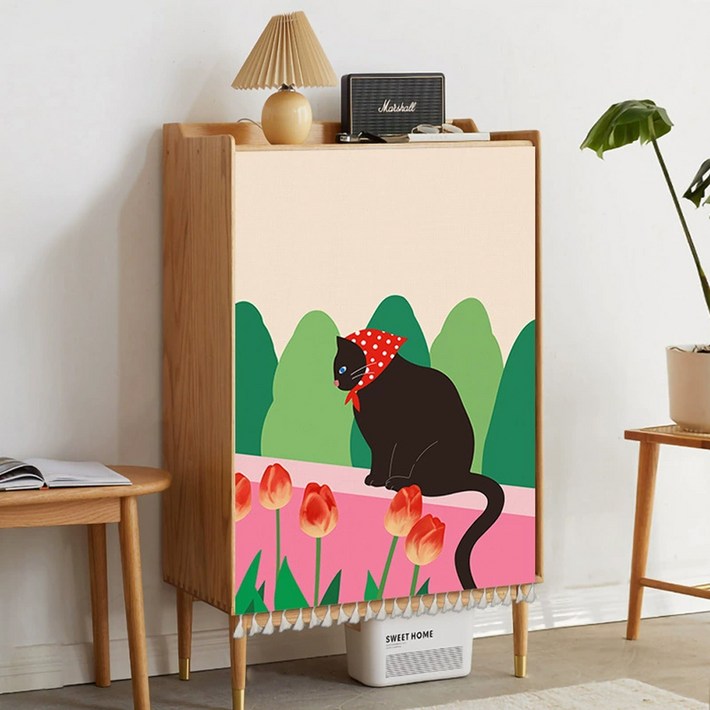 아티홈 풍경 고양이 벨크로 캐비닛 커튼
