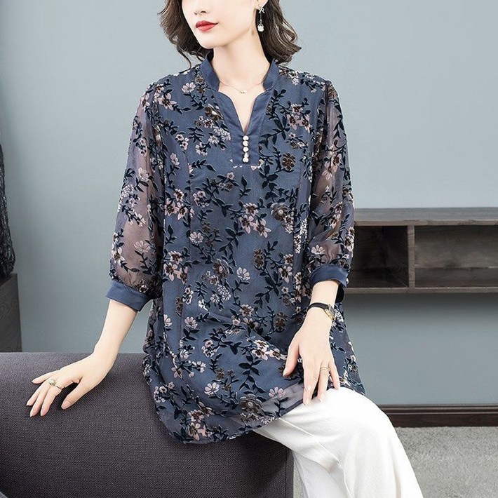 ROYALBELLE 여성 반팔 플라워 우아한 데일리 엄마옷 루즈핏 패션 시폰 블라우스 K031025