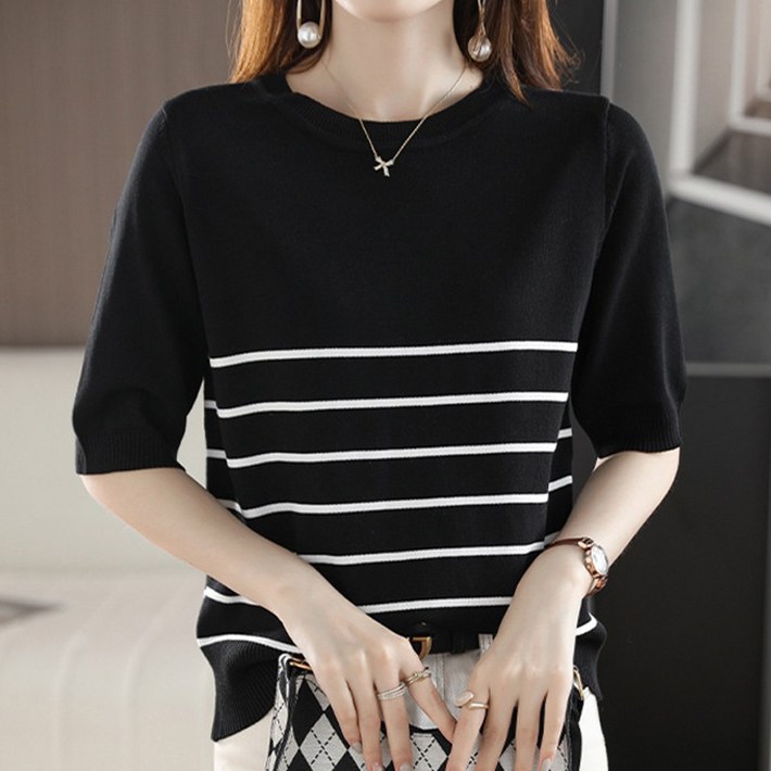 여성용 데일리 클래식 반소매 스트라이프 심플 베이직 단가라 라운드넥 아이스쿨 반팔 니트티 여름 스웨터