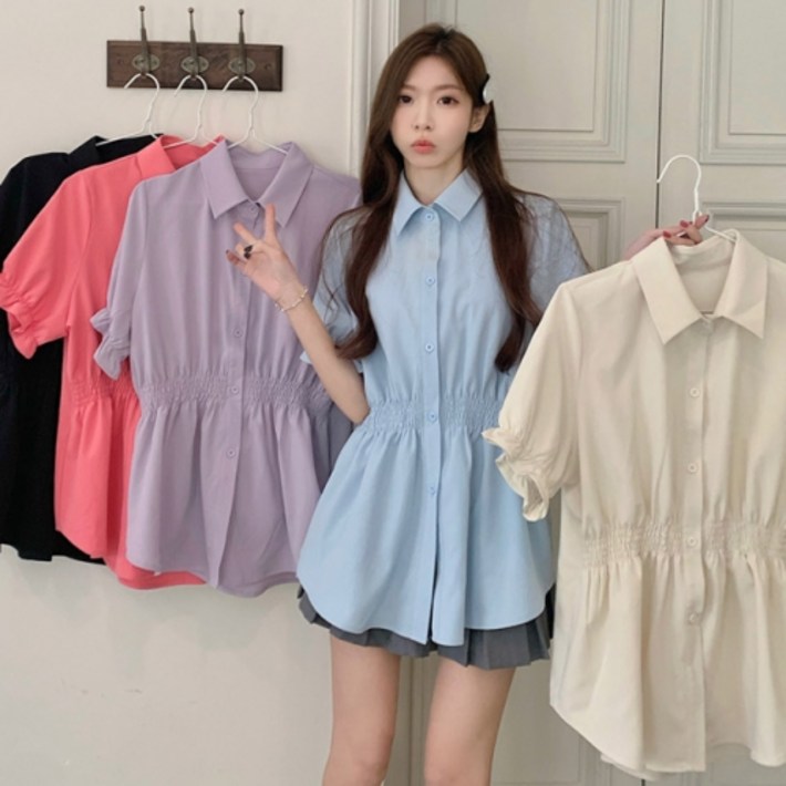 여성스럽고 날씬해보이는 카라 스모크밴딩 롱셔츠