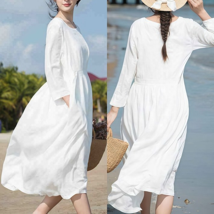 (25년 신상) 빅사이즈 여성 프렌치 로맨틱 허리꼬임 면마 롱 긴팔 원피스 봄 여름 편한 흰색 주머니있는 플리츠 우아한 휴양지 여행 플레어 찰랑 매력 데이트룩 이너 심플 원피스