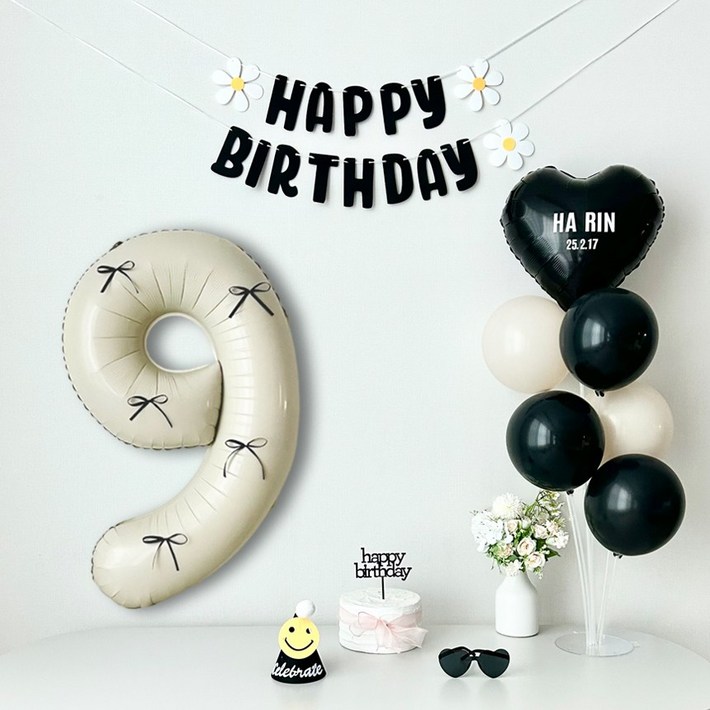 연지마켓 리본 숫자풍선 블랙 크림 생일 파티 가랜드 용품 세트자유레터링, 1세트