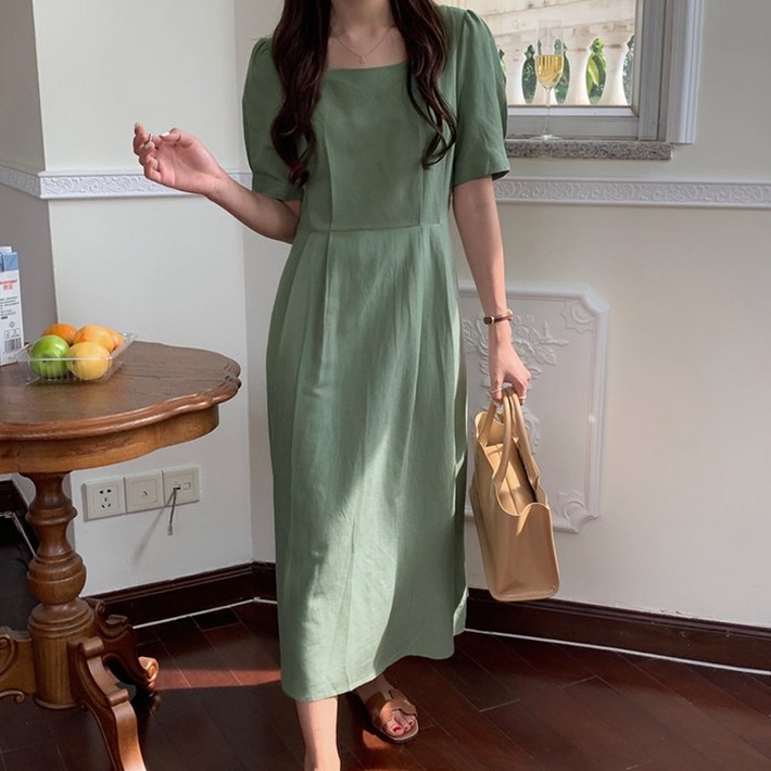 린넨 스퀘어넥 퍼프 소매 롱 원피스 반팔 여름 치마