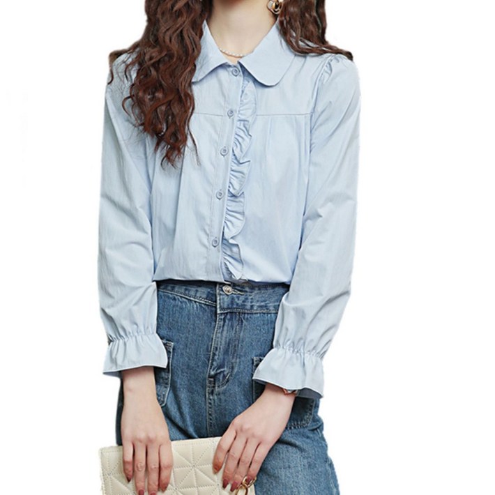 Makone 여성 카라넥 긴팔 블라우스 앞단 프릴 패츠 포인트 캐주얼 셔츠